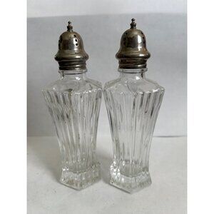 Vintage Glass Salt & Pepper Shakers With Silver-Plated Tops E2